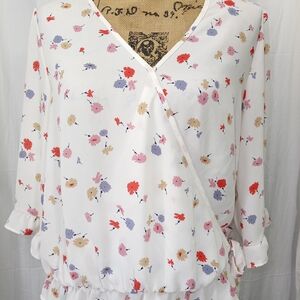 Sienna Sky White Floral Wrap Blouse with Red, Pink, Purple & Tan Blooms